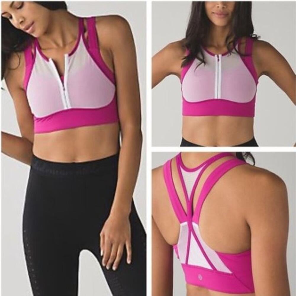 Lululemon‎ Sports Bra Zip Front Mesh Strappy Racerback Magenta Pink Size 4